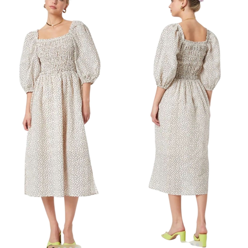 Just Female Avi Dress Cream Black Polka Dot‎ Smocked Midi Puff Sleeve 40 14032